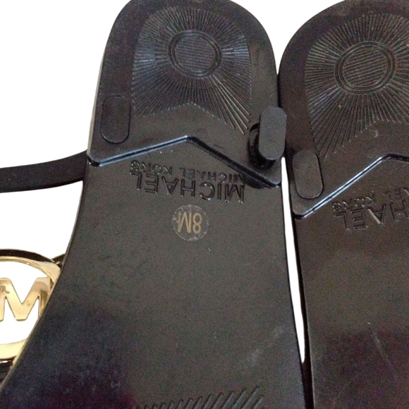 Michael Kors Black and Gold Patent Leather T-Strap Sandals Size 8 - Picture 10 of 12